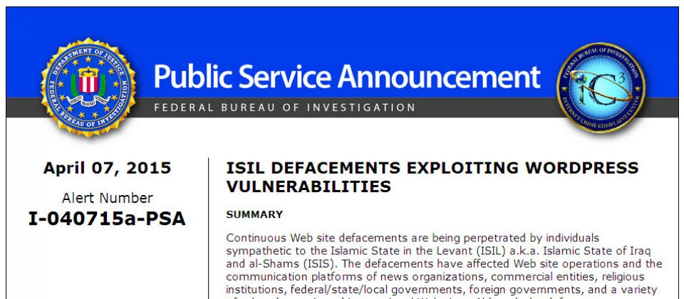美國FBI提醒  WordPress網站恐已遭ISIL支持者入侵 